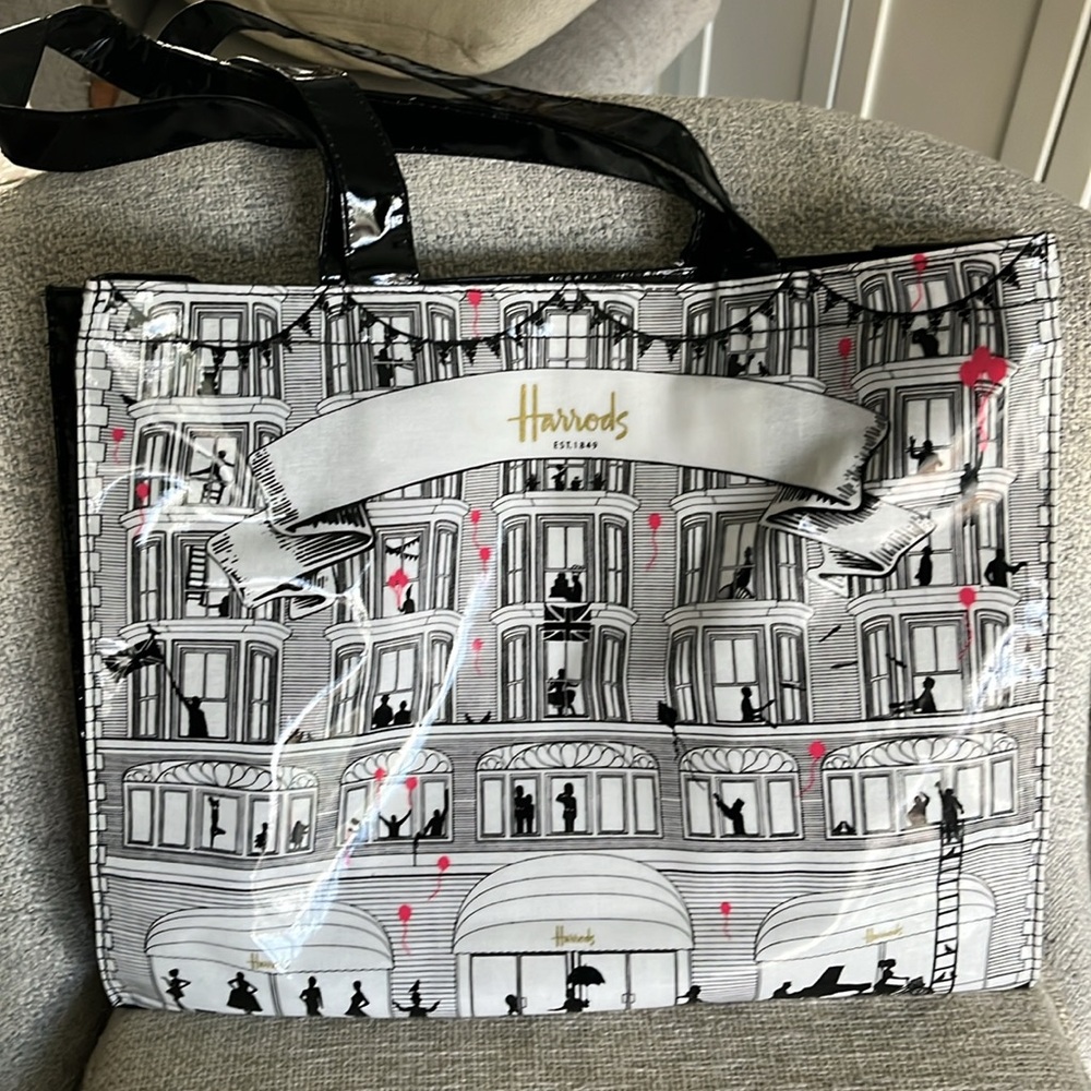Harrods London PVC tote bag pink balloons black white store front zipper 14x12 - Picture 16 of 16